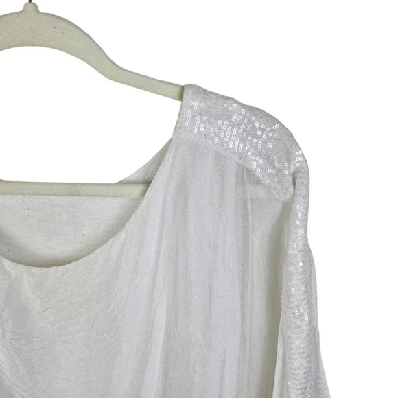 M for Bolide White Silk Blouse Tunic 3/4 Sleeve Scoop Neck Sequin Size Large - Picture 3 of 12